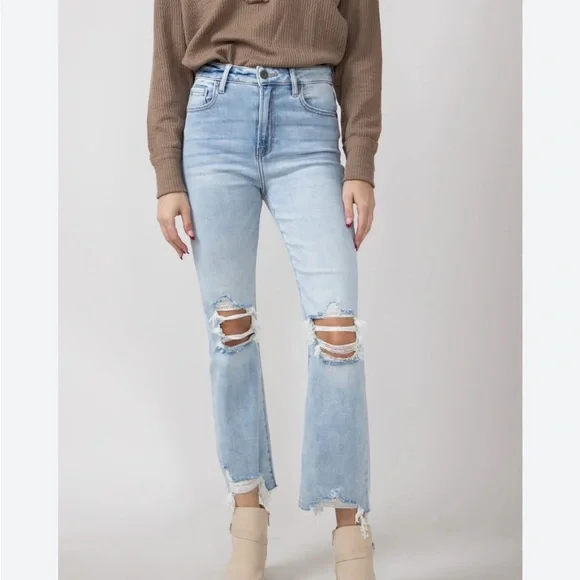 Hidden high rise crop cut off flare medium wash Distressed Jeans - Picture 2 of 6